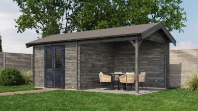 Lugarde Select Blokhut met overkapping Raalte 300x300cm + 300cm - Keteldruk Grijs