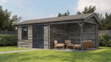 Lugarde Select Blokhut met overkapping Holten 400x300cm + 300cm - Keteldruk Grijs