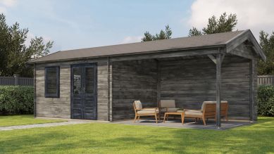 Lugarde Select Blokhut met overkapping Voorst 400x300cm + 400cm - Keteldruk Grijs