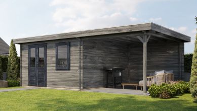 Lugarde Select Blokhut met overkapping Wehl 400x400cm + 300cm - Keteldruk Grijs
