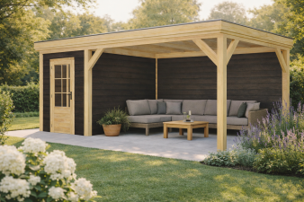 Blokhut Nootdorp 200x300 cm met overkapping 350x300 cm Douglas blank met vuren rabat wanden zwart  (Incl. EPDM)