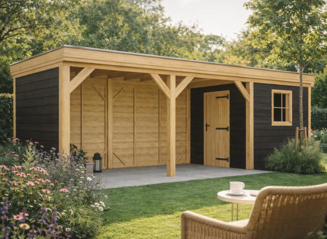 Blokhut Novo 250x250 cm met overkapping 500x250 cm (Incl. EPDM)